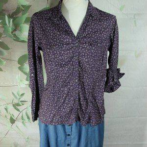 Purple Dainty Floral Long Adjustable Sleeve Ruche Button Front Scallop Hem Large